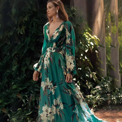 Karine - Elegancka długa sukienka z dekoltem V dla kobiet