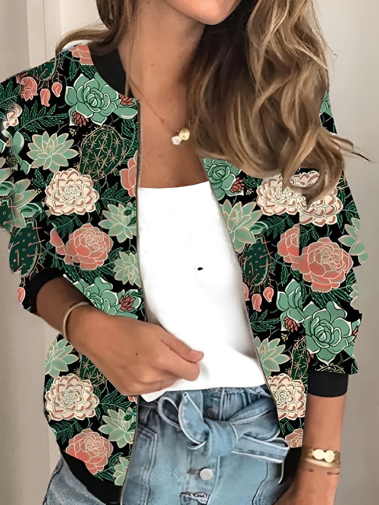 Elsie - Stylowa kurtka z zamkiem i kwiatowym wzorem dla pań