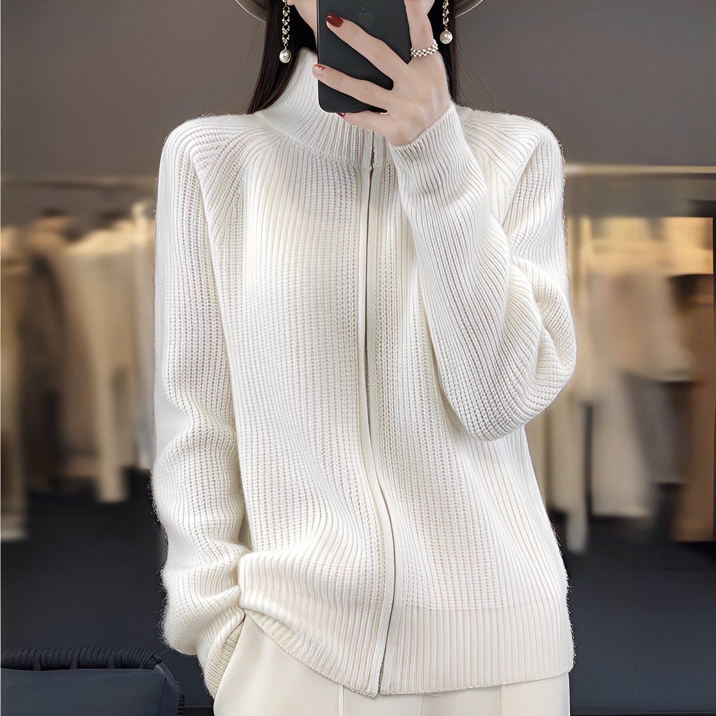 Margaret - Damski wełniany kardigan z zamkiem