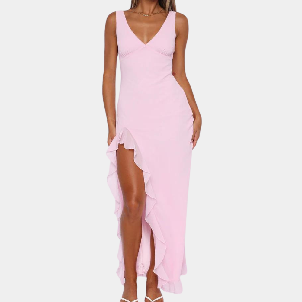 Elisheva - Elegancka Suknia Maxi z Dekoltem V, Asymetryczna