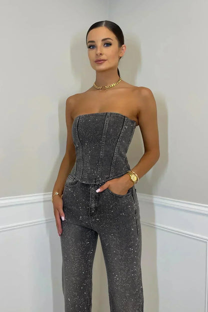 Selina – Overall bez ramion – Glamourowe wejście z połyskującym materiałem