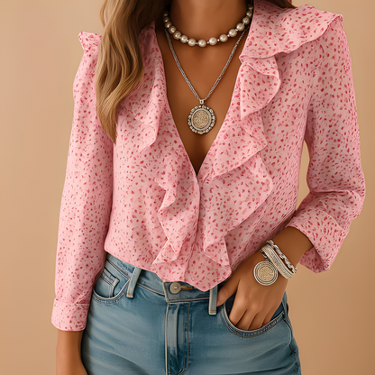 Aleida - Damska koszula z długimi rękawami i falbankami