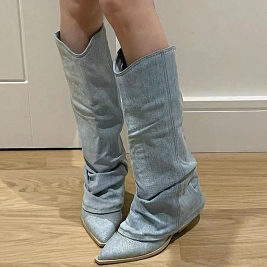 Estrid - Kozaki do kolan z denimu dla kobiet