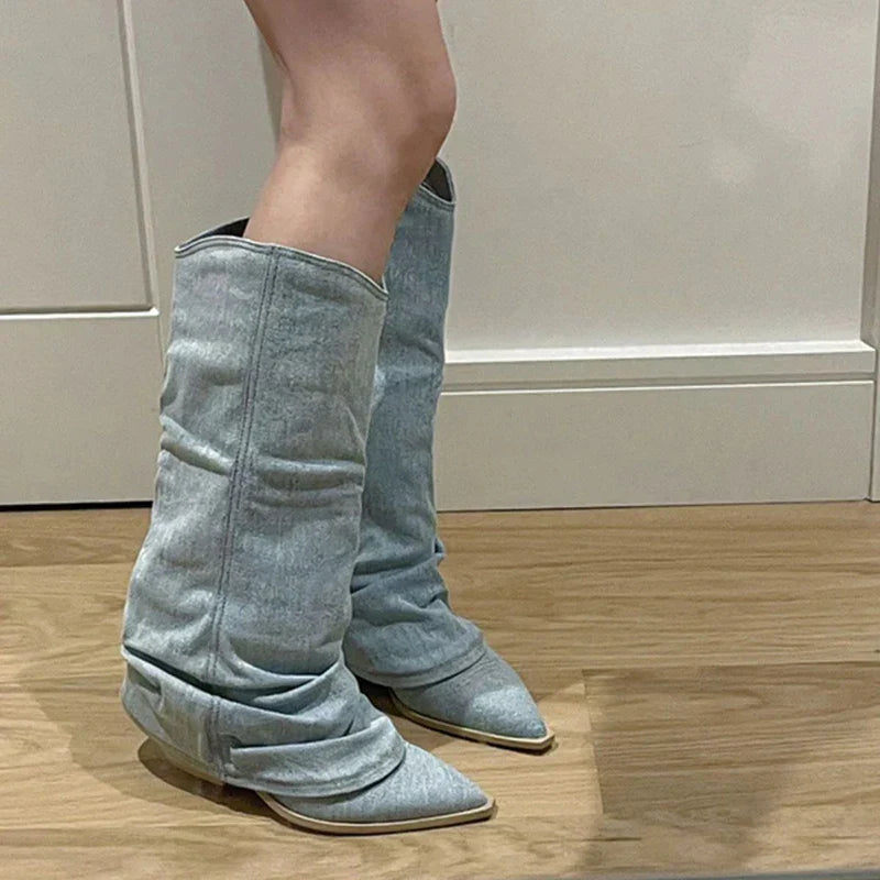 Estrid - Kozaki do kolan z denimu dla kobiet