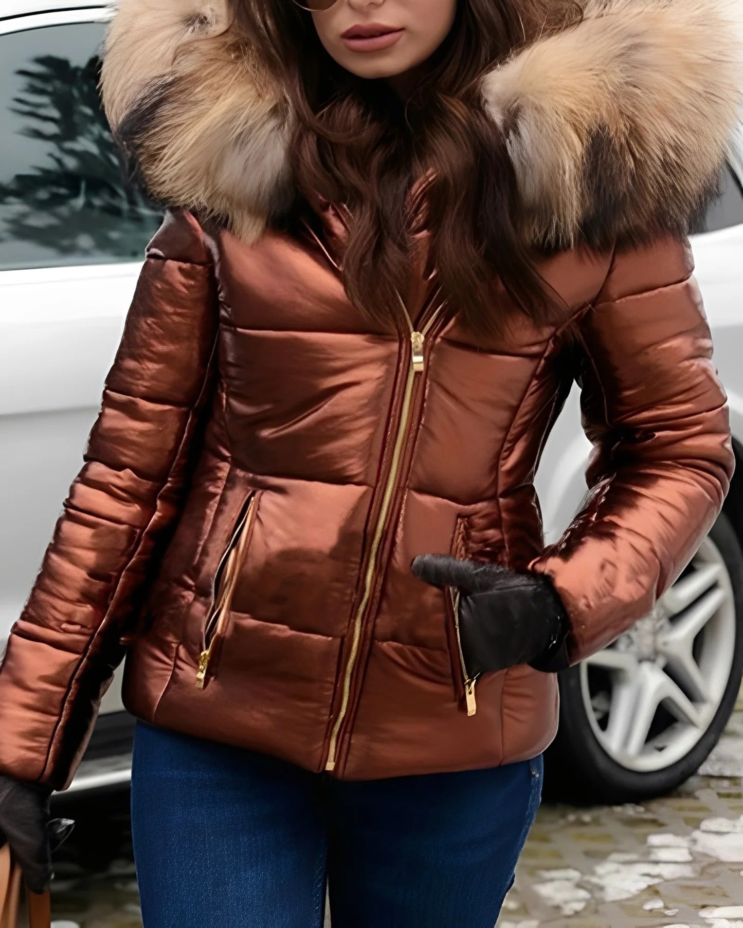 Jessica - Błyszcząca kurtka puchowa z kapturem dla kobiet