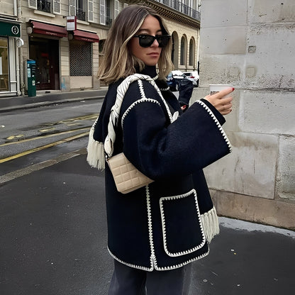 Amilia - Elegancka, luźna kurtka wełniana z szalem dla kobiet