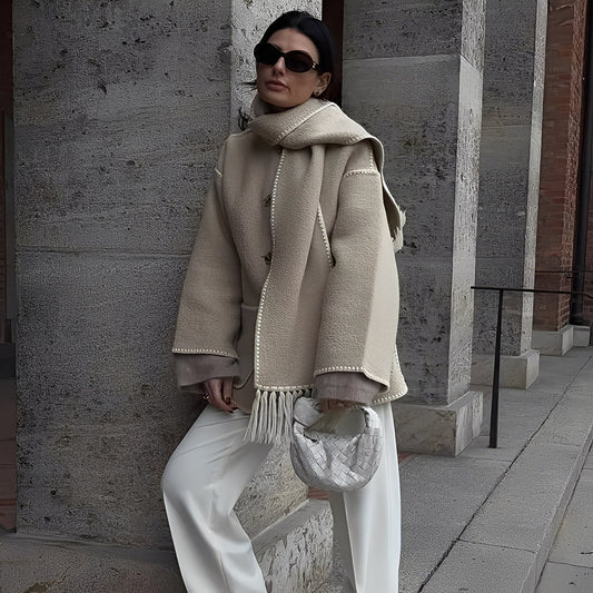 Amilia - Elegancka, luźna kurtka wełniana z szalem dla kobiet