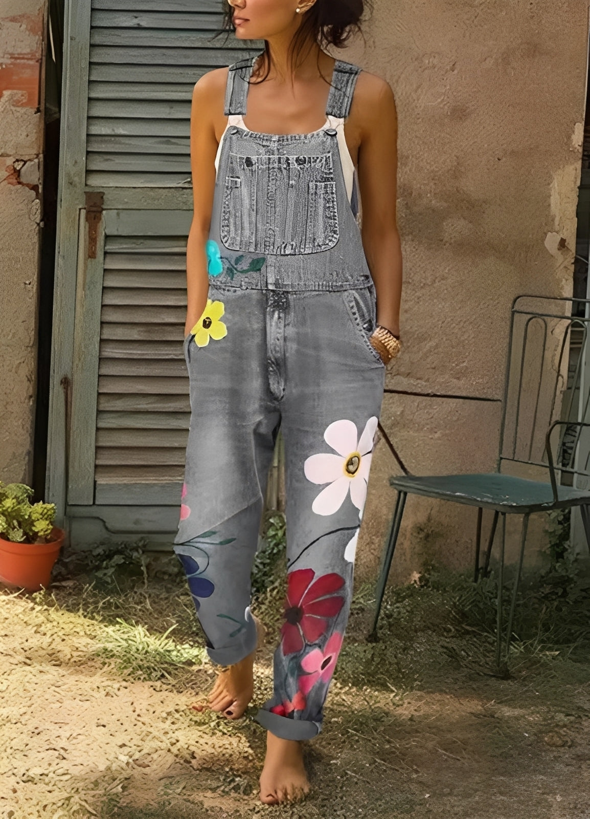 Emilia - Kombinezon dżinsowy w kwiatki dla kobiet