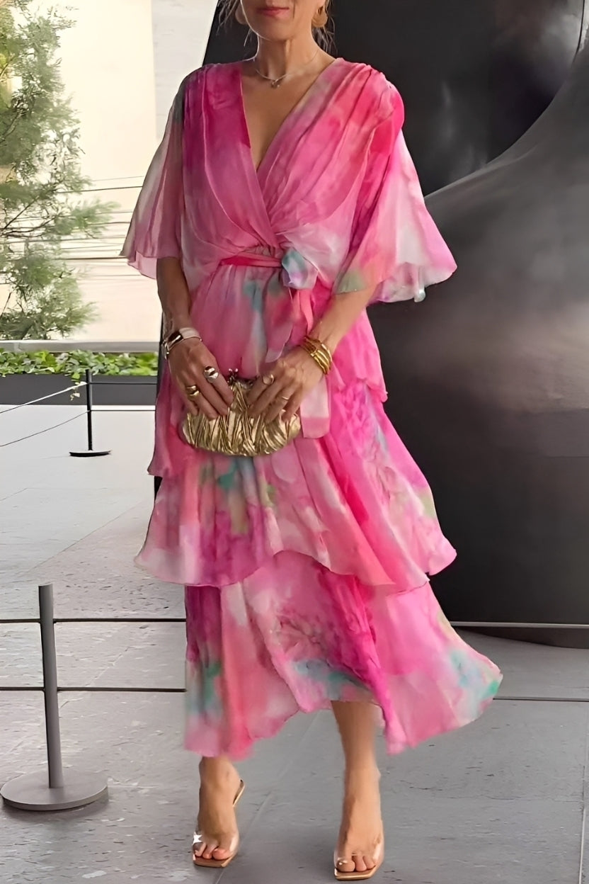 Jane - Kwiatowa, wielowarstwowa sukienka z dekoltem V dla kobiet