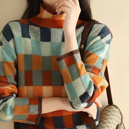 Becca - Stylowy damski sweter golfowy z patchworku