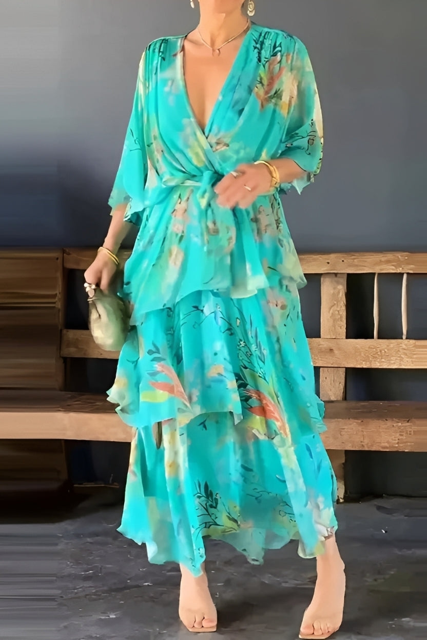 Jane - Kwiatowa, wielowarstwowa sukienka z dekoltem V dla kobiet