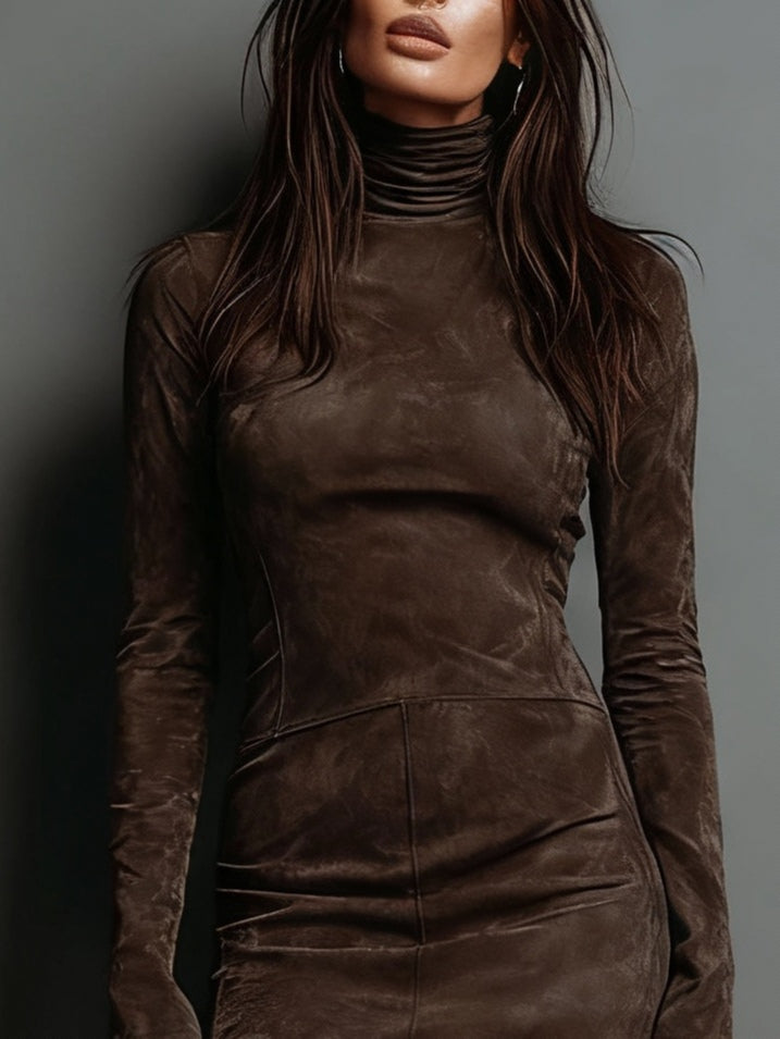 Riley - Mini sukienka z zamszu z wysokim kołnierzem i dopasowaną sylwetką